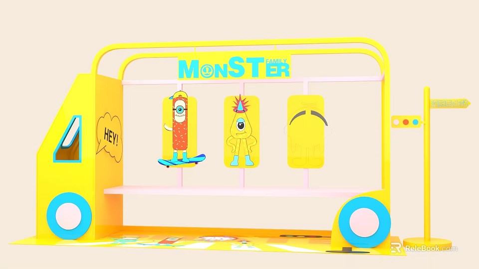Interactive Zone With Yellow Structure MONSTER Sign And Cartoon Monster Displays 3d model 