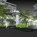 Modern Commercial Landscape With Lush Greenery Palm Trees Open Courtyard And Water Features