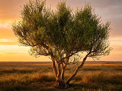 Solitary Tree in Vast Grassland at Sunset with Green Foliage and Golden Light 3d model