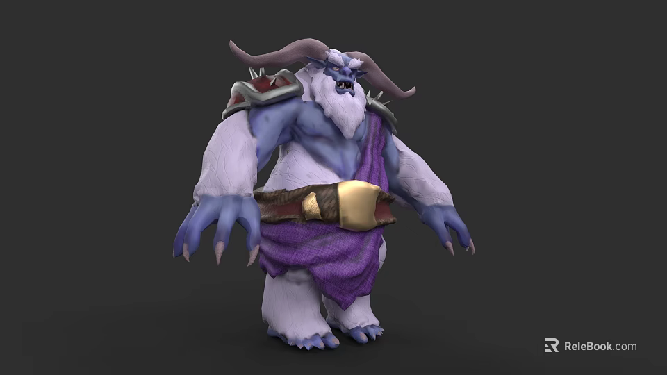 Horned Blue Skinned Game Character With White Fur Purple Cloth And Golden Belt 3d model 