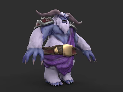 Horned Blue Skinned Game Character With White Fur Purple Cloth And Golden Belt 3d model