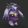 Horned Blue Skinned Game Character With White Fur Purple Cloth And Golden Belt