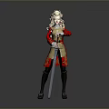 Man with Blonde Hair in Red Military Style Coat Holding Longsword Against Gray Background