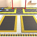Industrial Workshop Floor With Black Grated Panels Yellow Stripes And Red Jacks