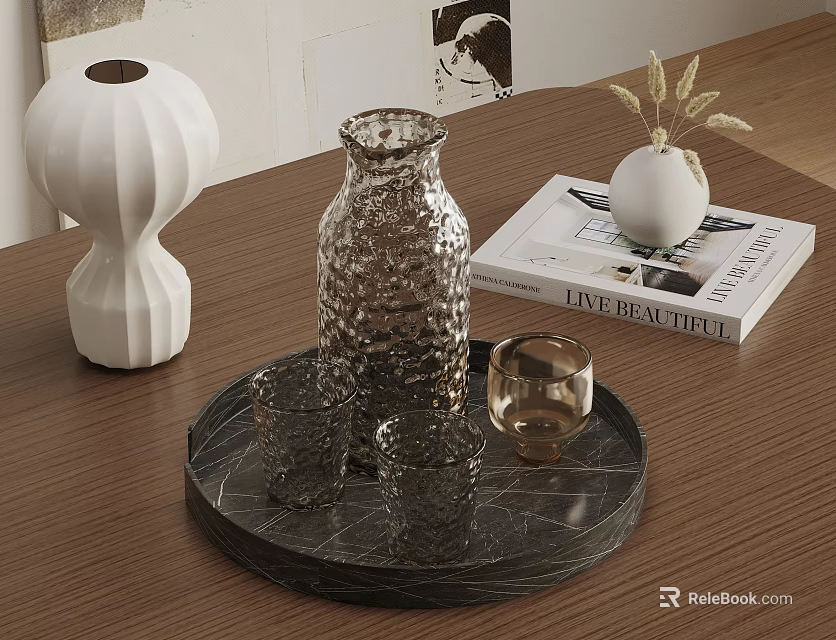 Stylish Home Living Accessories Tray With Glass Jug Cups Magazine And White Vase 3d model 
