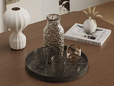 Stylish Home Living Accessories Tray With Glass Jug Cups Magazine And White Vase 3d model