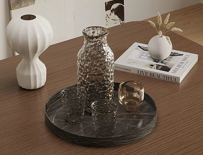 Stylish Home Living Accessories Tray With Glass Jug Cups Magazine And White Vase 3d model