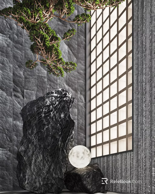 Zen Garden Ornament With Black Stone Small Tree Grid Window Gray Wall And White Moon 3d model 
