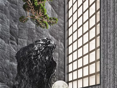 Zen Garden Ornament With Black Stone Small Tree Grid Window Gray Wall And White Moon 3d model