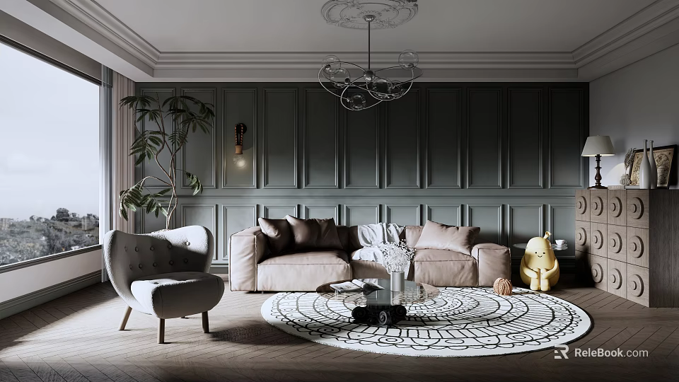 Modern Living Room With Green Paneled Walls Chandelier Beige Sofa Gray Armchair And Round Rug 3d model 