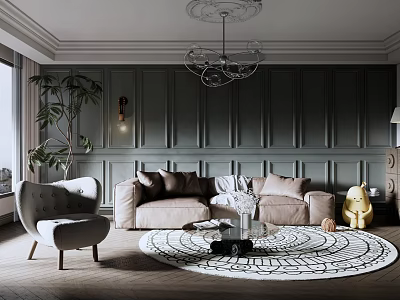 Modern Living Room With Green Paneled Walls Chandelier Beige Sofa Gray Armchair And Round Rug 3d model
