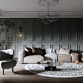 Modern Living Room With Green Paneled Walls Chandelier Beige Sofa Gray Armchair And Round Rug
