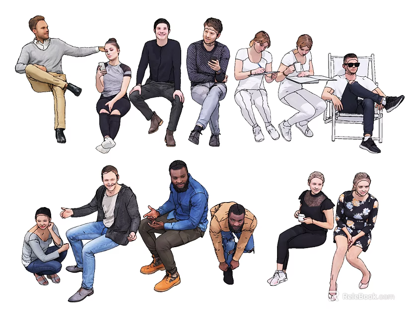 Group of Diverse People in Various Casual Clothing Poses and Interactions 3d model 