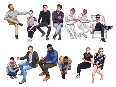 Group of Diverse People in Various Casual Clothing Poses and Interactions 3d model