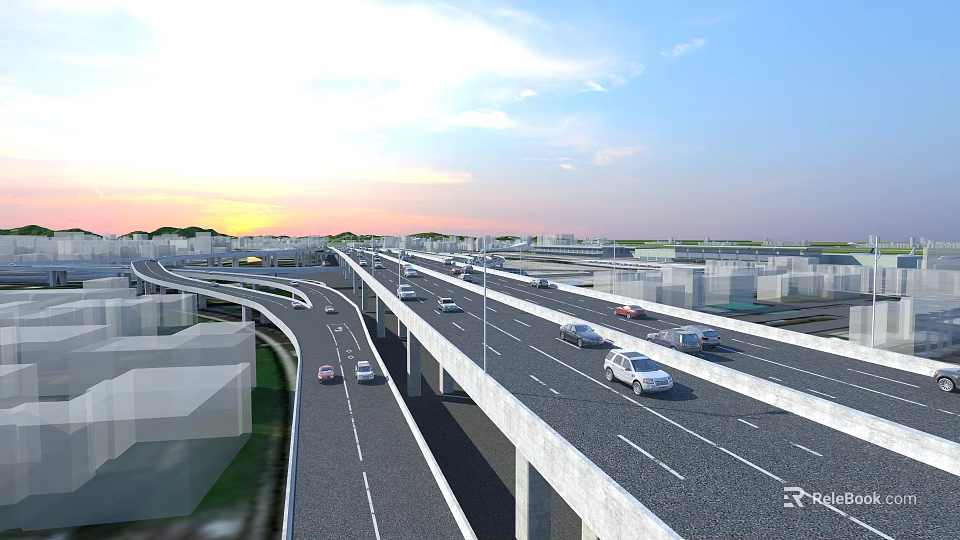 Multi Level Highway Interchange with Vehicles on Elevated Roads in Urban Setting at Sunset 3d model 