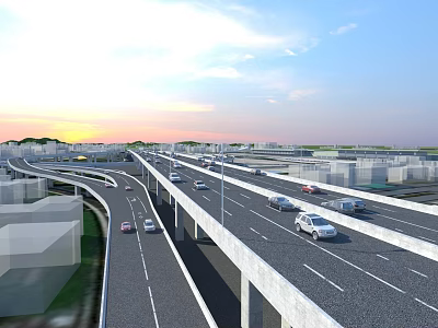 Multi Level Highway Interchange with Vehicles on Elevated Roads in Urban Setting at Sunset 3d model