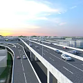 Multi Level Highway Interchange with Vehicles on Elevated Roads in Urban Setting at Sunset 3d model