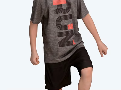 A Man Wearing Gray T shirt With RUN Print And Black Shorts In Running Pose 3d model