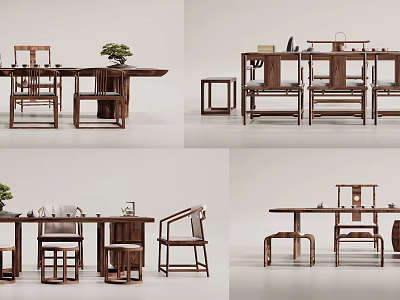 Solid Wood Tea Table And Chairs With Traditional Design And Matching Stools 3d model