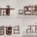Solid Wood Tea Table And Chairs With Traditional Design And Matching Stools 3d model