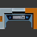 Modern Work Desk with Computer Monitor Keyboard Drawers and Blue Orange Design