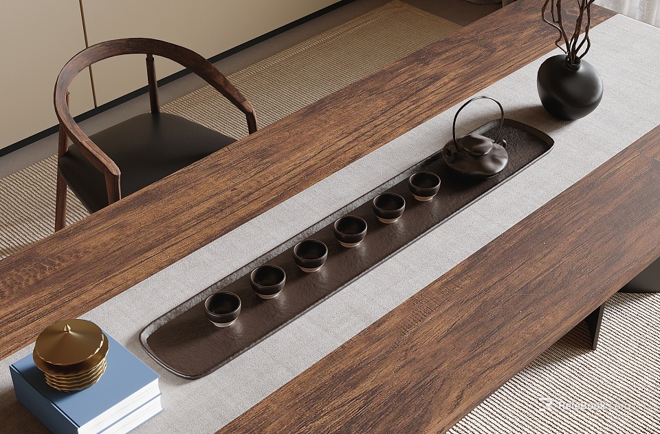 Minimalist Tea Set Neatly Arranged On Wooden Table With Tray Teapot And Cups 3d model 