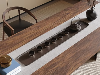 Minimalist Tea Set Neatly Arranged On Wooden Table With Tray Teapot And Cups 3d model