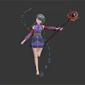 Game Anime Character With Blue Hair Purple Outfit Holding Magic Staff And Purple Butterflies