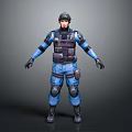 Standing Humanoid Character In Blue Tactical Gear With Protective Vest Helmet And Knee Pads