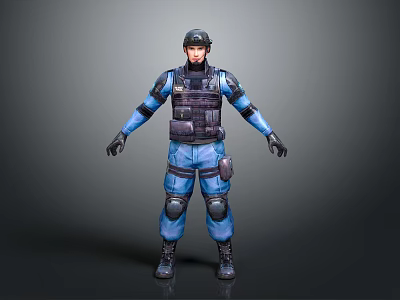 Standing Humanoid Character In Blue Tactical Gear With Protective Vest Helmet And Knee Pads 3d model