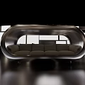 Modern Irregular Shaped Sofa With Metallic Frame And Geometric Wall Panels