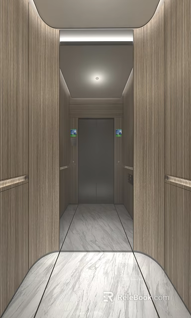 Stylish Elevator Interior Design With Wooden Wall Panels Metal Door And Marble Flooring 3d model 