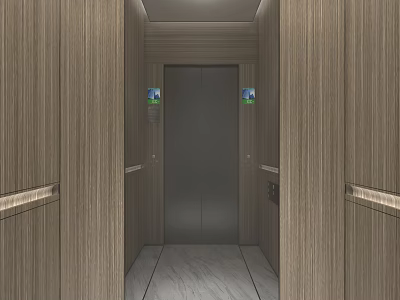 Stylish Elevator Interior Design With Wooden Wall Panels Metal Door And Marble Flooring 3d model