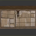Open Wooden Storage Crate Filled With Stacked Small Cardboard Boxes