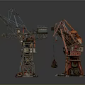 Different Colored Crane Equipment With Various Designs And Metal Structures