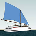 Traditional Wooden Boat With Blue Sails Deck Seats And Storage Sailing On Water