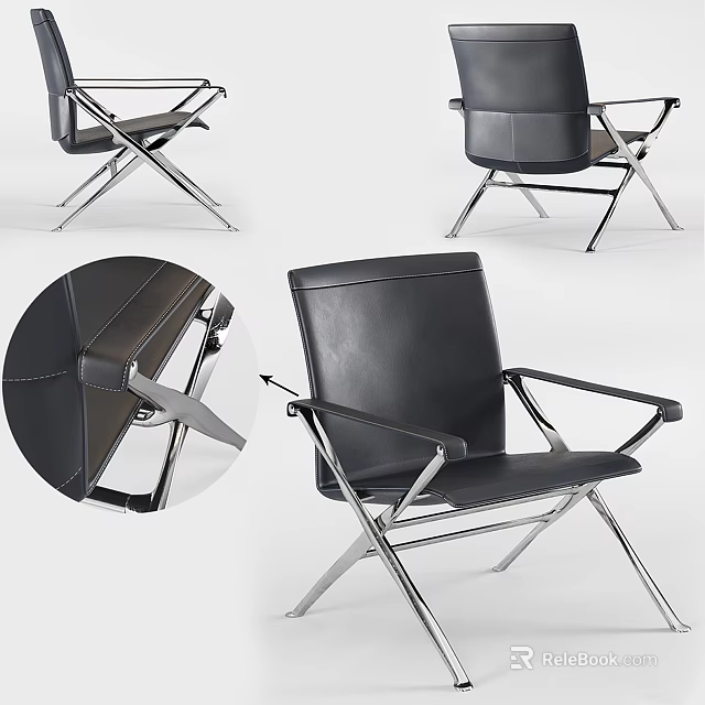 Modern Black Leather Upholstered Armchair With Chrome Metal Frame And Sleek Design 3d model 