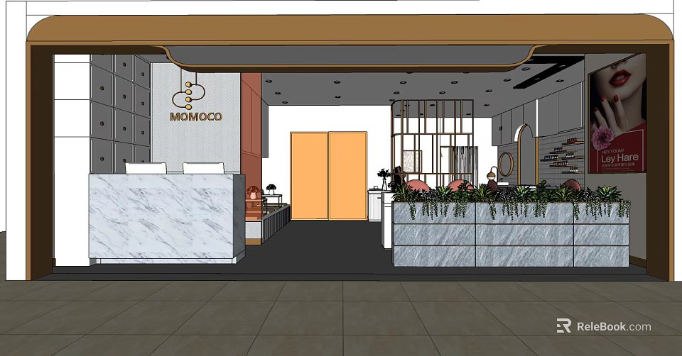 Modern Beauty Hair Salon Interior With Marble Reception Desk Green Plants And Chandelier 3d model 
