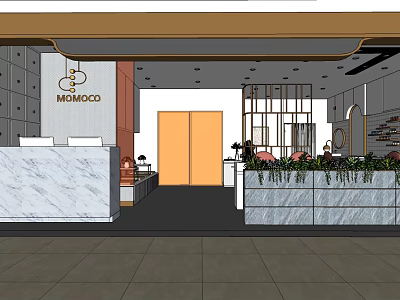 Modern Beauty Hair Salon Interior With Marble Reception Desk Green Plants And Chandelier 3d model