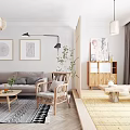 Warm Neutral Toned Living Room With Geometric Pattern Rug And Light Wooden Coffee Table Decor