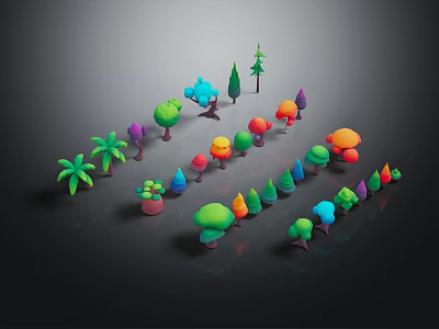 Colorful Cartoon Trees With Different Shapes And 3D Models Arranged in Scene 3d model