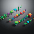 Colorful Cartoon Trees With Different Shapes And 3D Models Arranged in Scene
