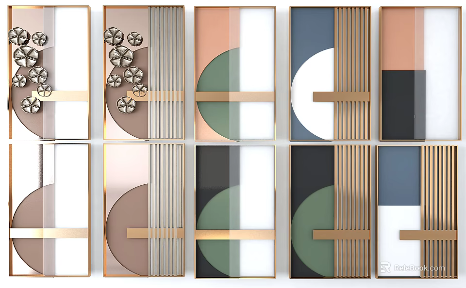 Modern Abstract Wall Decor With Geometric Patterns Gold Frames And Pastel Colors 3d model