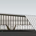 Modern Sales Office Building Exterior With Greenery And High Rise Buildings Around