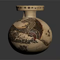 Handcrafted Ceramic Jar With Handle And Floral Animal Carvings On Brown Surface