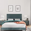 Modern Double Bed with Dark Green Velvet Headboard Checkered Pillows Orange Throw Blanket Nightstands and Lamps