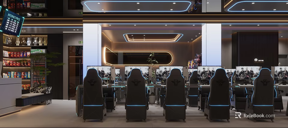 Modern Internet Cafe Interior With Comfortable Gaming Chairs And High Speed Computers 3d model 
