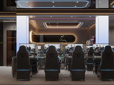 Modern Internet Cafe Interior With Comfortable Gaming Chairs And High Speed Computers 3d model