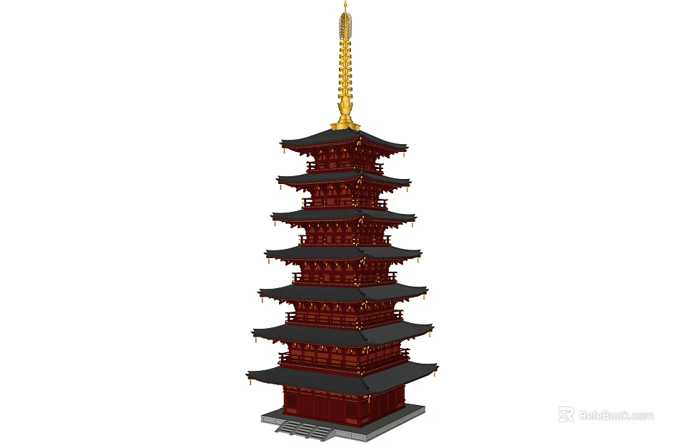 Ancient Chinese Pagoda Architecture With Multi Story Red Body Black Eaves And Golden Spire 3d model 