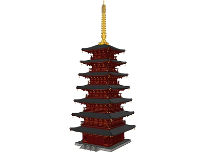 Ancient Chinese Pagoda Architecture With Multi Story Red Body Black Eaves And Golden Spire 3d model